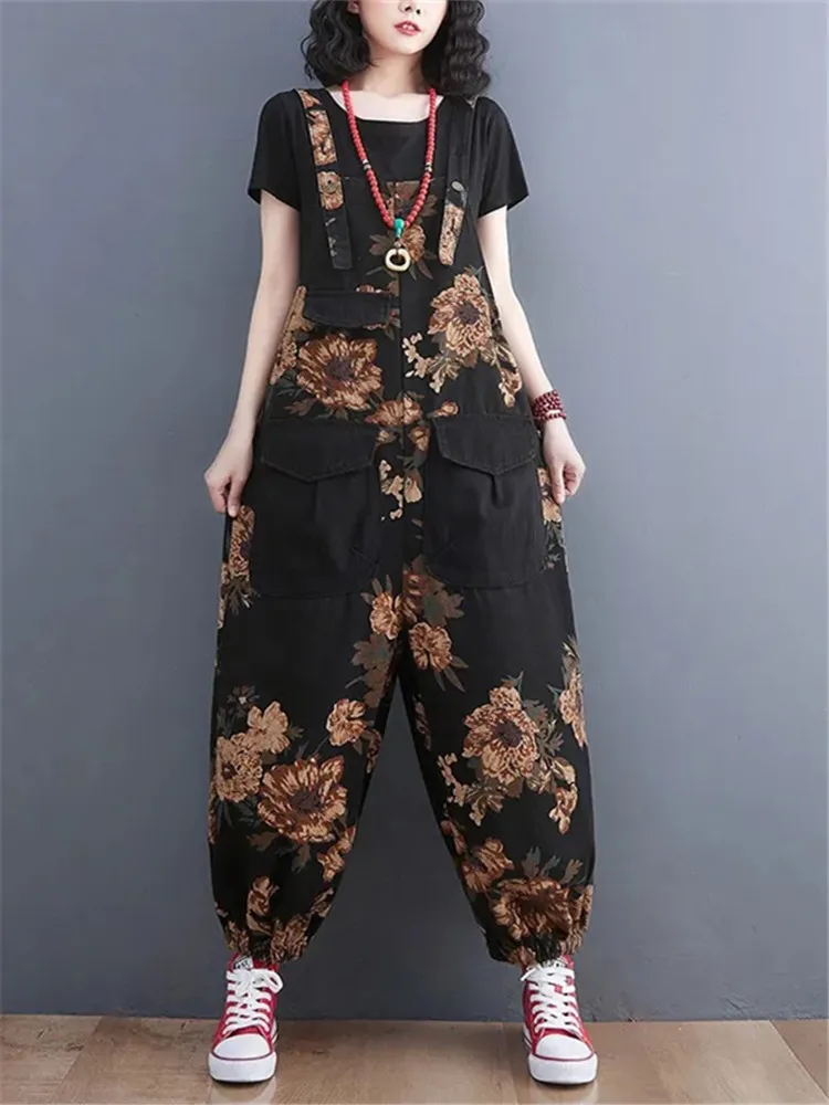 Straight Vintage Fashion Womens Jeans Overalls Casual Ladies Pockets Floral Print Jumpsuit Loose Bloomers Rompers Monos Mujer