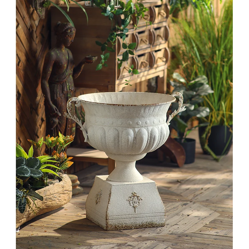 French Country Pedestal Urn Planter, Distressed White Iron Garden Vase, European Estate Decor, Large Trophy Bowl