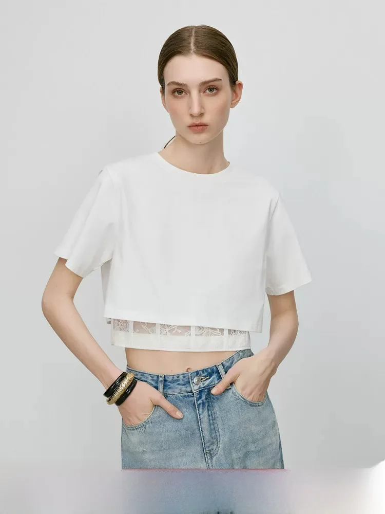 

Elegant White Lace Splice Fake Two-Piece T-Shirt Women's Summer New Style round Neck Short Sleeve Cotton Polyester Blend