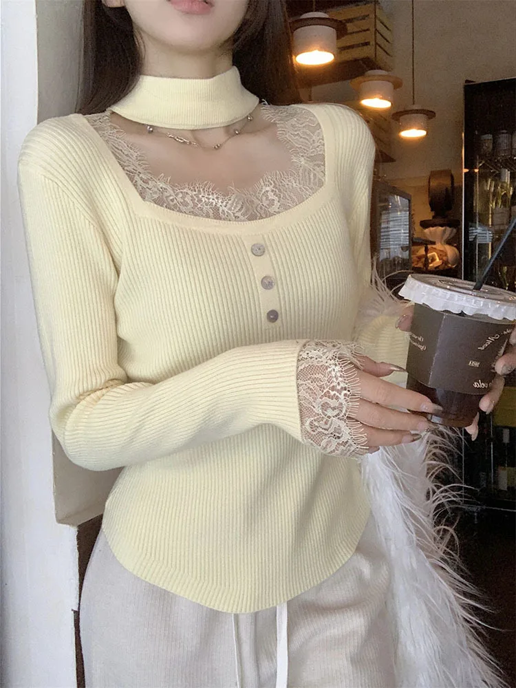 Fashion Korea wanita, atasan rajut Halter elegan Vintage musim gugur musim dingin, Sweater Pullover Hollow Out lengan panjang renda perca warna polos