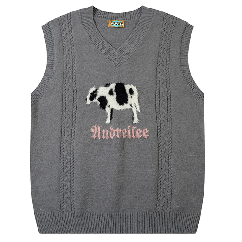 

Streetwear Harajuku Knitted Vest Cartoon Animal Letter Jacquard Sleeveless Pullover Loose Casual Vest Tank Tops Men Women Spring