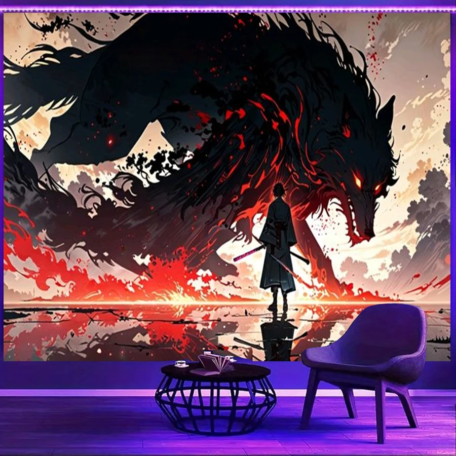 1PC Anime Samurai Wolf Fire Print Backdrop Banner, Bedroom Living Room Photo Background, Polyester, Home Decor, Wall Art