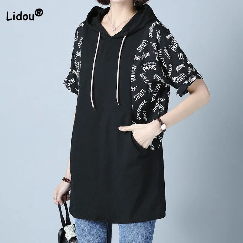 

Casual Korean Printing Spliced Hooded T-shirt Female Clothing Loose Summer Fashion Commute Women's Short Sleeve Midi Tops