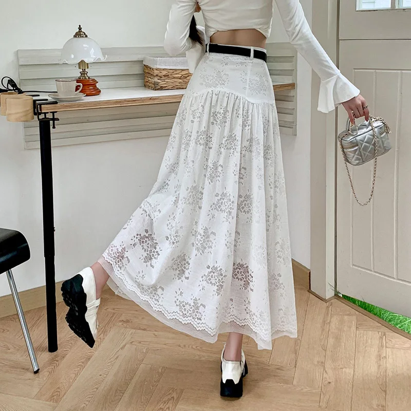 White Lace Maxi Long Skirts for Women 2024 Summer Belted High Waist Korean Elegant Hollow Out Skirt Female Sweet Faldas Mujer