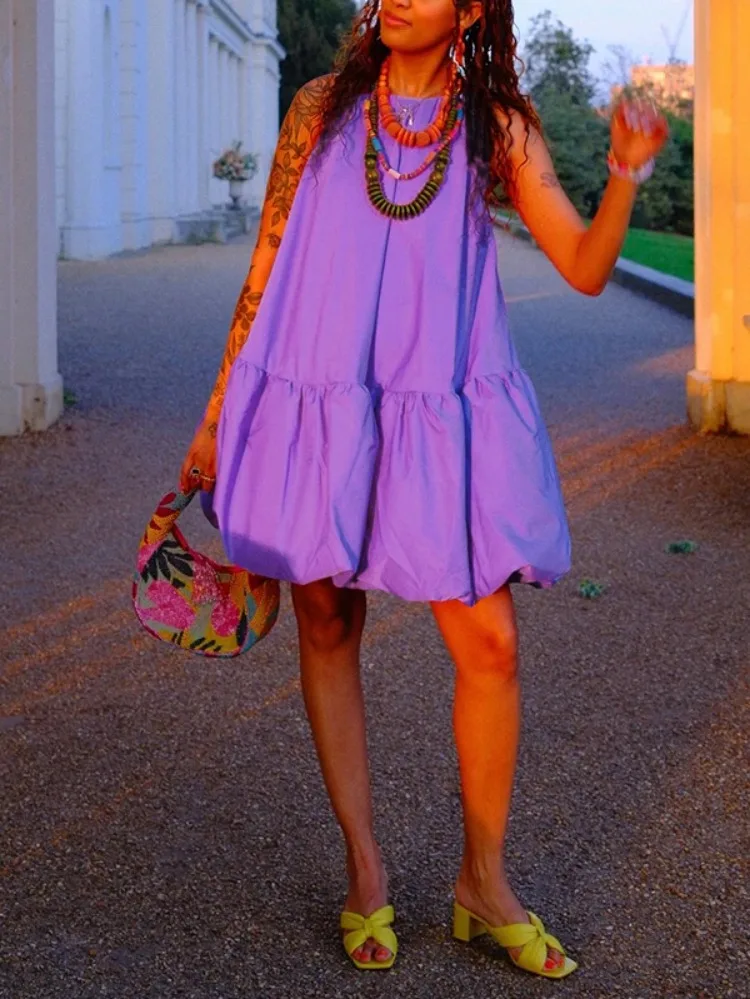 Yeezzi feminino roxo sem mangas em camadas plissado mini vestido 2025 moda boho casual solto balanço vestido de festa de verão vestido linha a