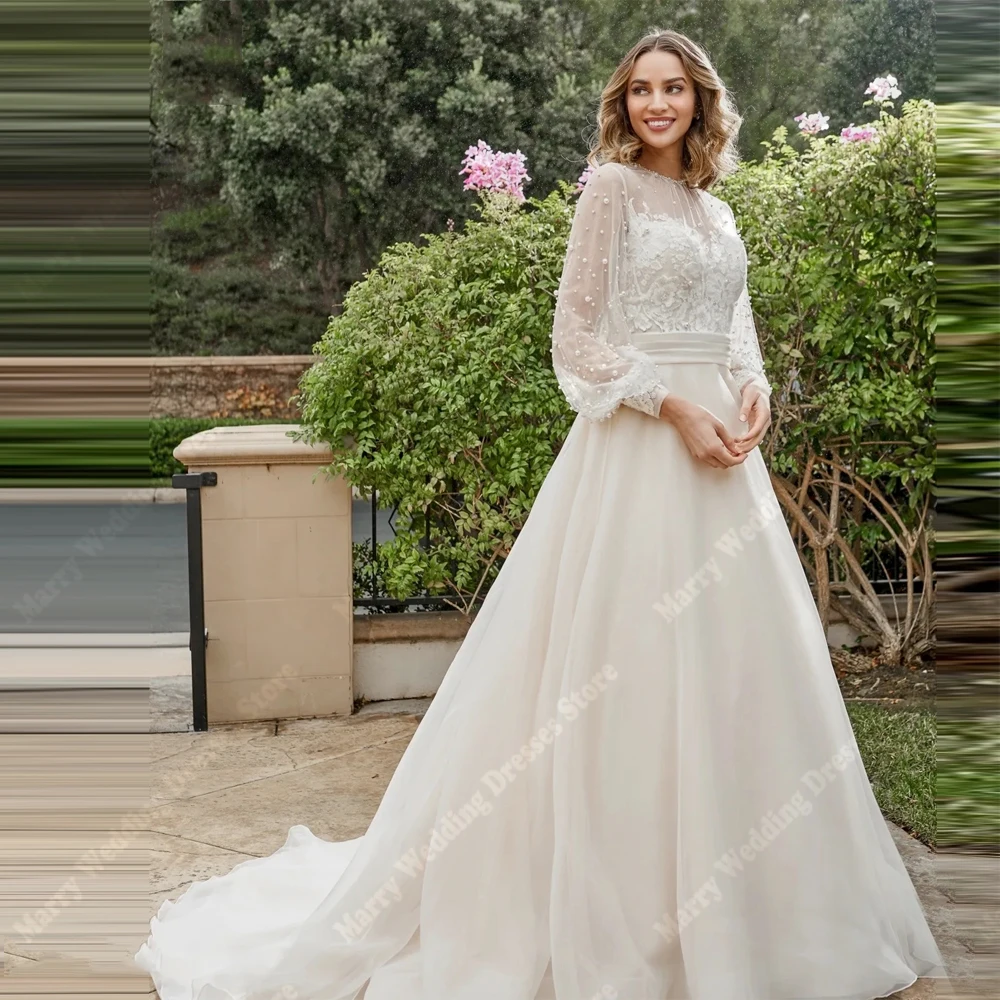 

Elegant A-Line Women Wedding Dresses Fashion Lace Flower Printing Bride Gowns Lace Long Sleeves Ball Vestido De Novia Customized