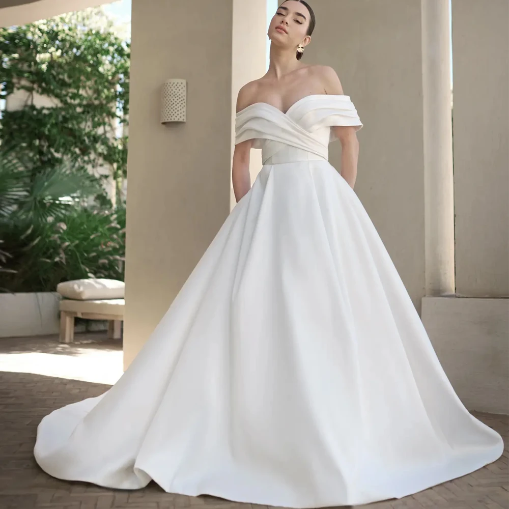 Свадебные платья с открытыми плечами и рукавами с V-образным вырезом, свадебные платья на молнии сзади, плиссированные платья по индивидуальному заказу, Vestidos De Novia