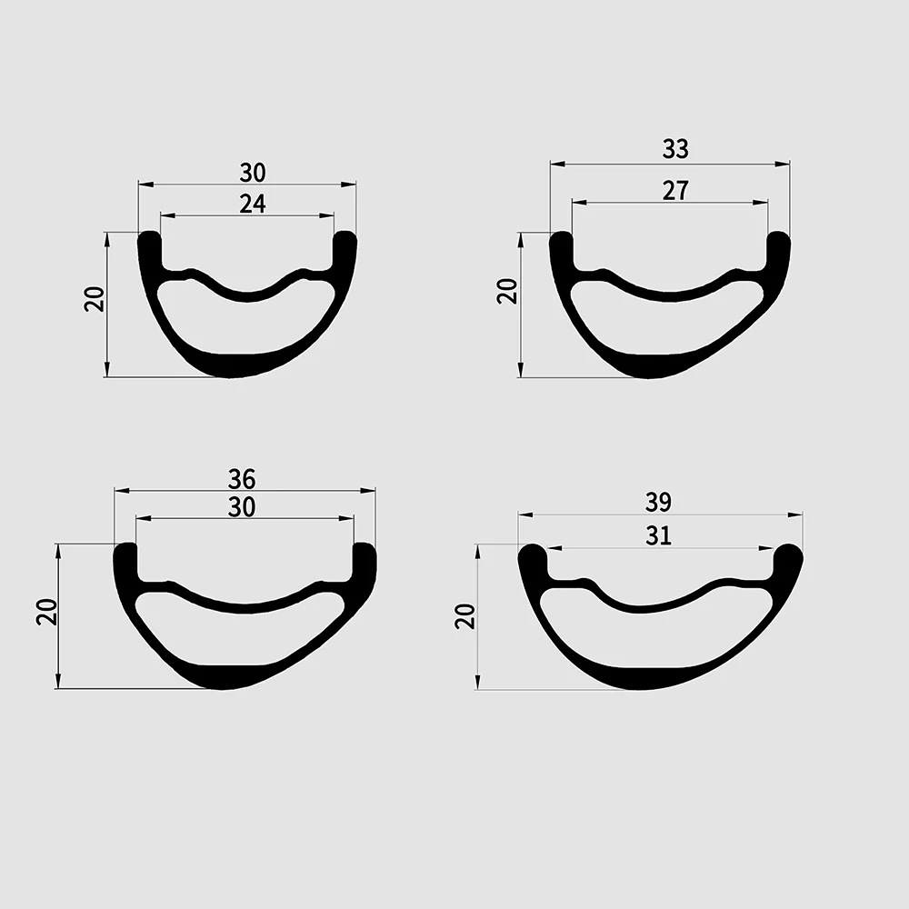 20mm Depth 29ER MTB Bicycle XC AM Carbon Rim 30/33/36/39mm Width Clincher Tubeless Hookless Asymmetric Mountain Bike Wheel