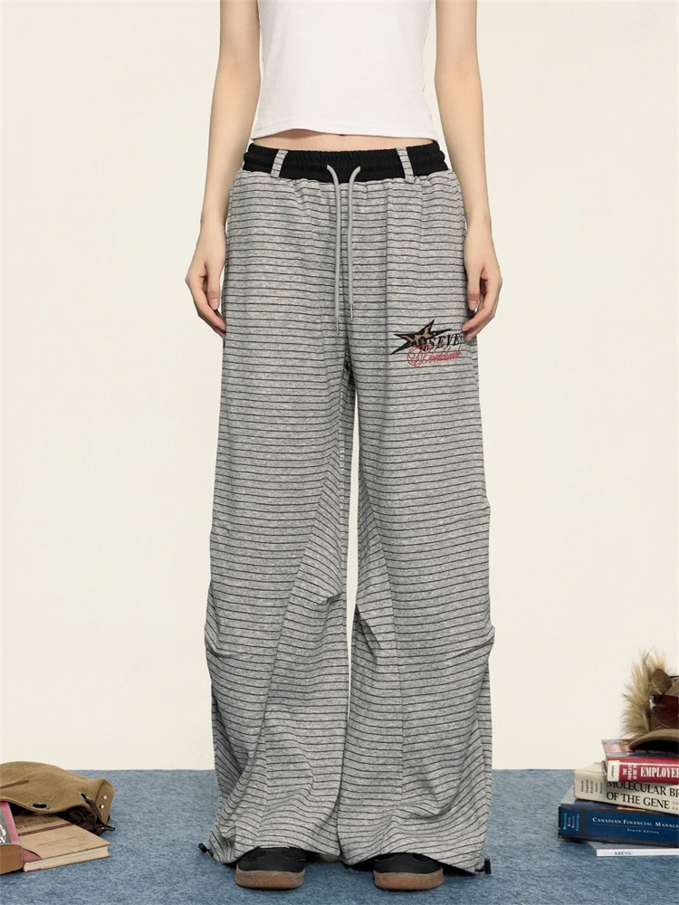 Women's Color-blocking Stripes Vintage Casual Pants Wide Leg Sweatpants Hip-hop 90s Women Bottoms Female High Waisted Trousers