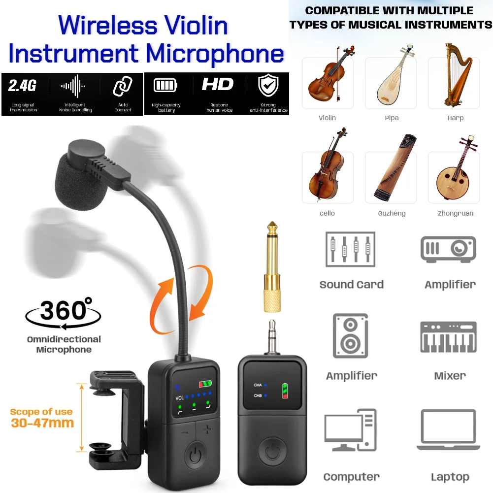 Violin Performance Wireless Microphone Rechargeable Amplification Microphones for Violin Saxophone Brass Wind Instruments