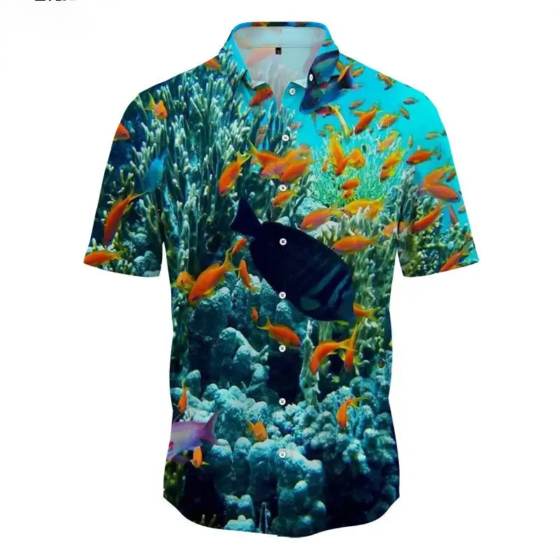 

New Button Men's Shirt Ocean Underwater World Pattern Hawaiian Shirt 3D Printing Summer Short Sleeve For Men Camisas Ropa Hombre