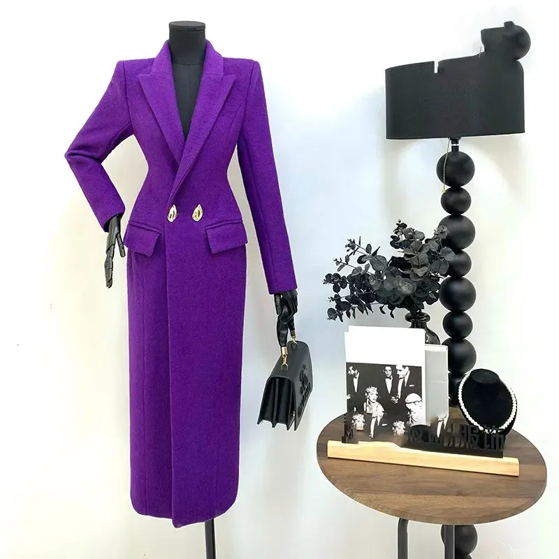 

Women's Winter Woolen Coat 2025 Winter New Purple Mid-Length Long Sleeves Overcoat Slimming Form-Fitting Thick Warm Coats Female