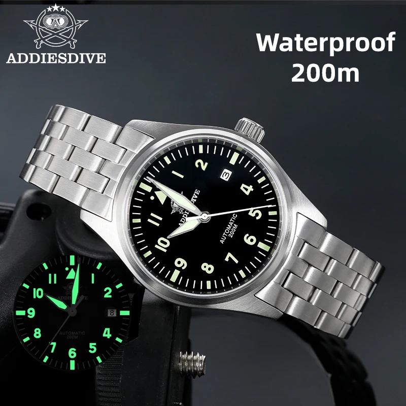 

ADDIESDIVE NEW Automatic Mechanical Watch For Men Stainless Steel Sapphire Glass Watches 200M Waterproof Diver Luxury Wristwatch