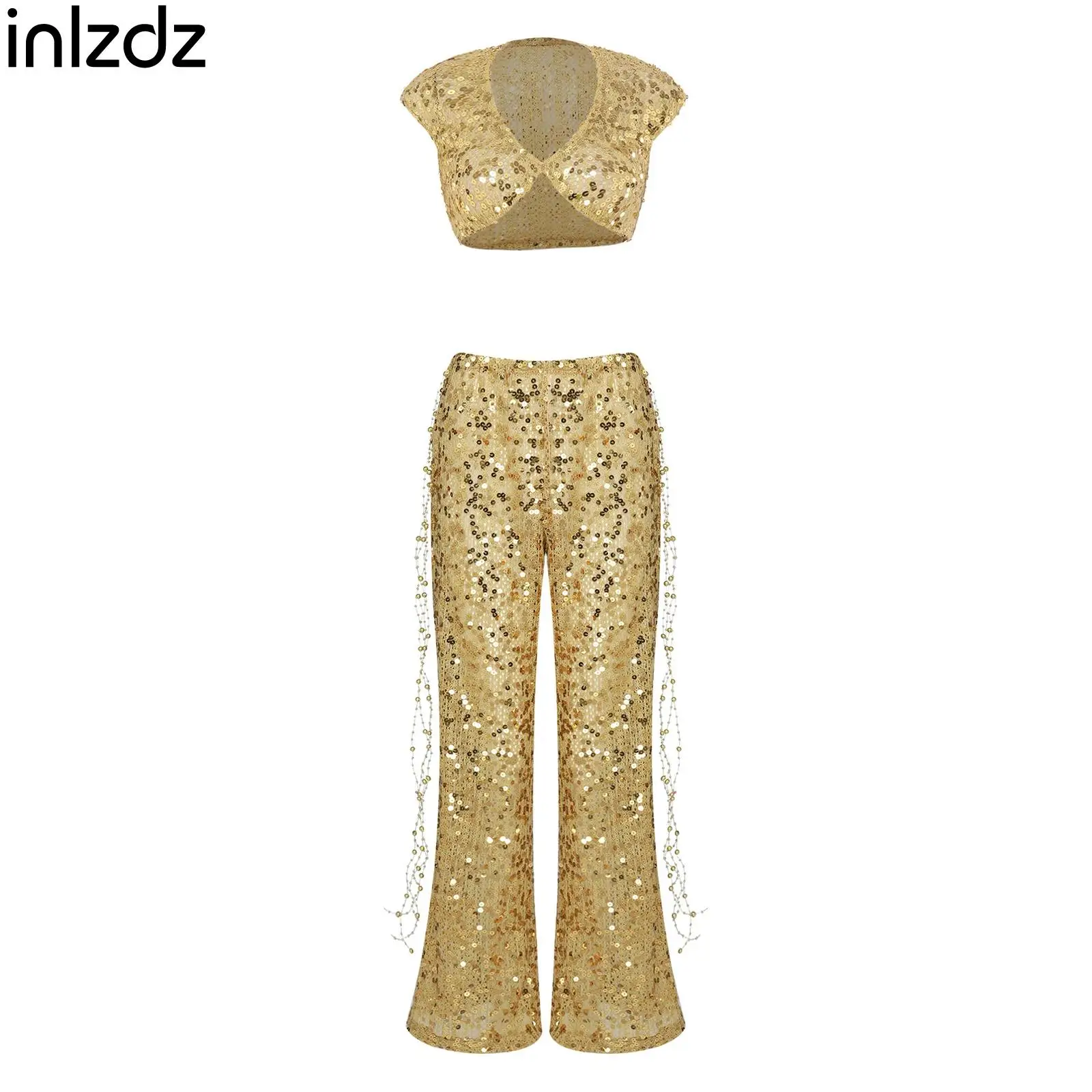 Women Glitter Allover Sequin Party Outfit V Neck Sleeveless Crop Top Wide Leg Long Pants with Waist Chain for Night Party Club