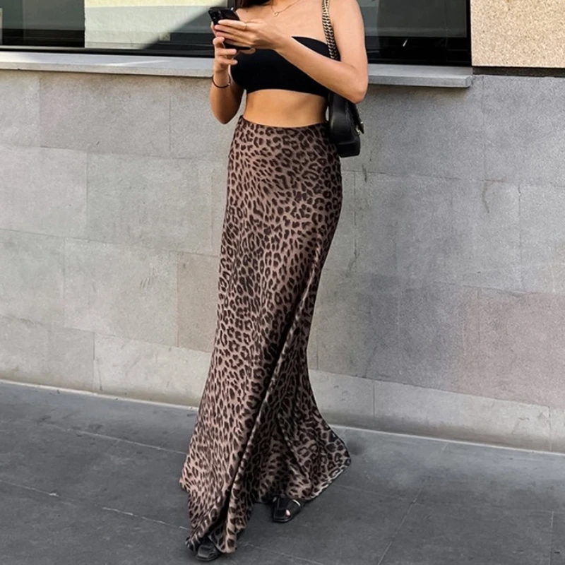 Leopard Print Long Satin Maxi Skirt Women Summer Elegant Ladies Luxury Fishtail Skirts for Women Silk Floor-length Skirts
