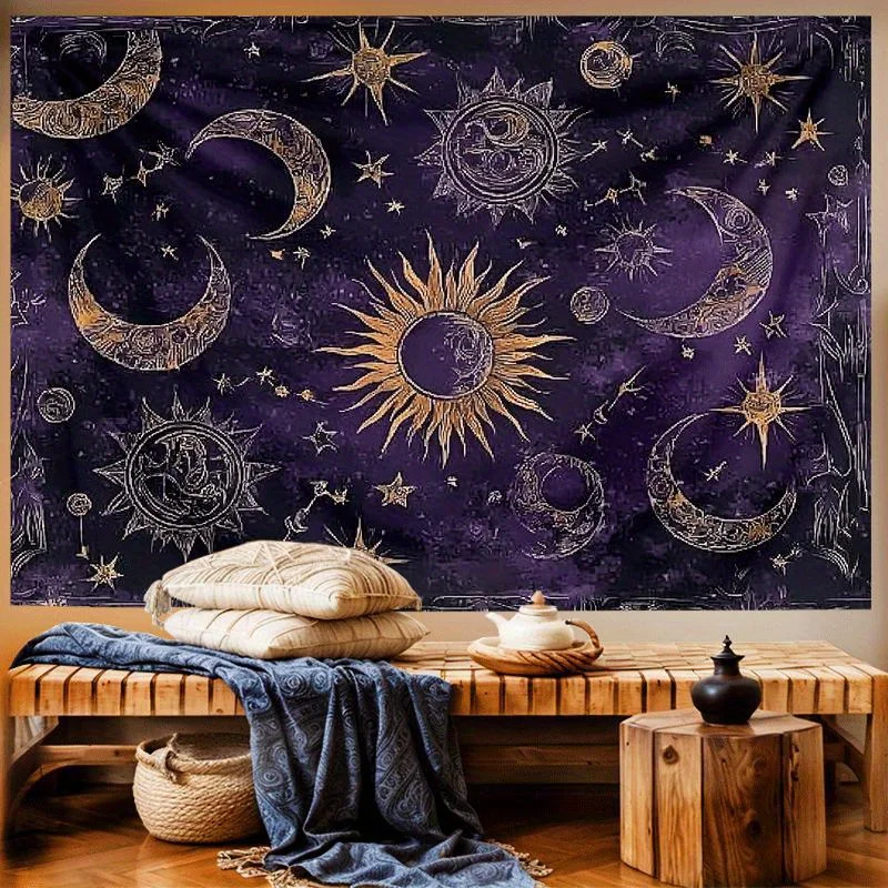 VIKAMA Cosmic Starry Sky Vintage Tapestry Sun Moon and Zodiac Signs Design Living Room Sofa Bedroom Headboard Study Decor