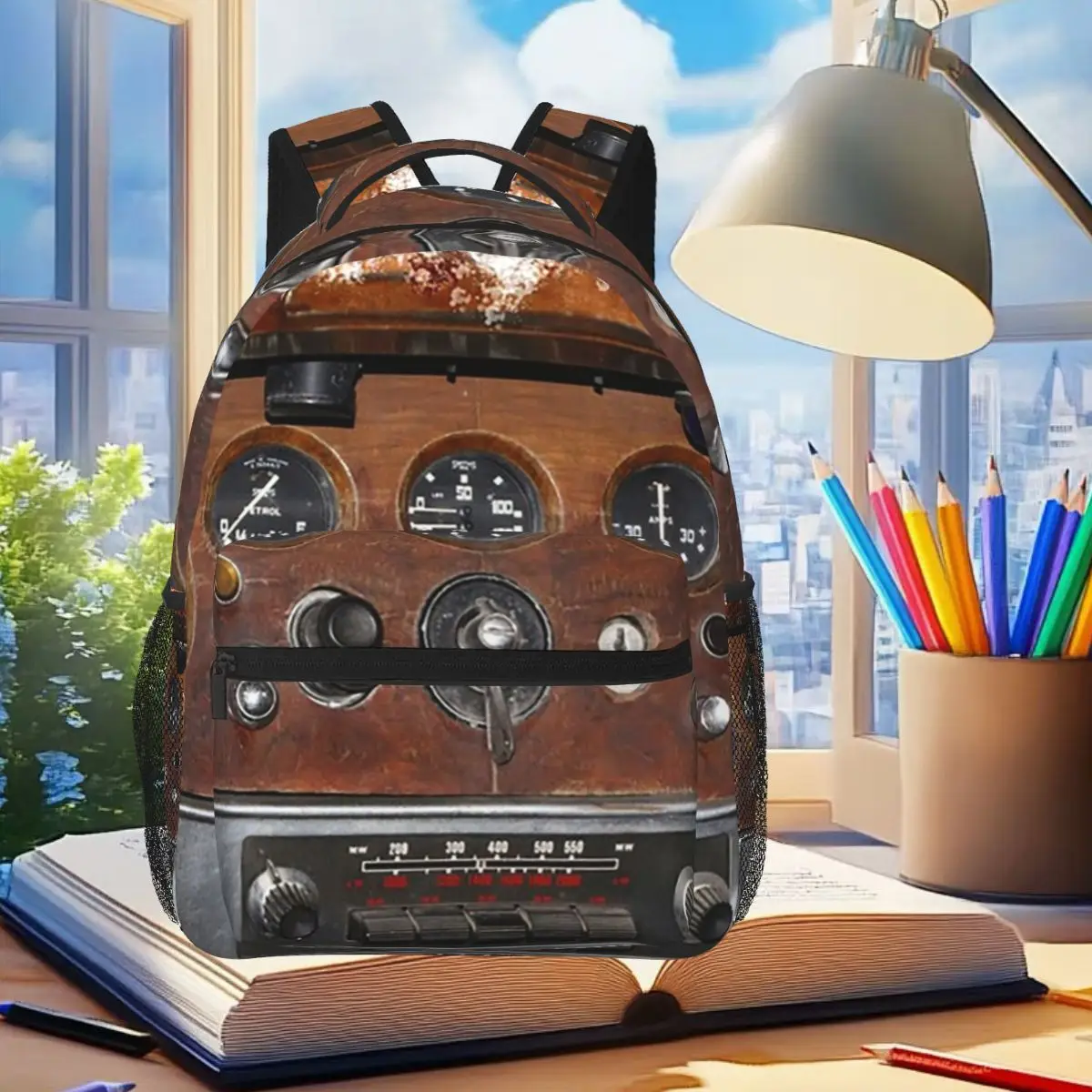

Vintage Car Dashboard And Old Analogue Car Radio Student Backpack School Bag Travel Daypack for Men Women Bookbag Shoulder Bags