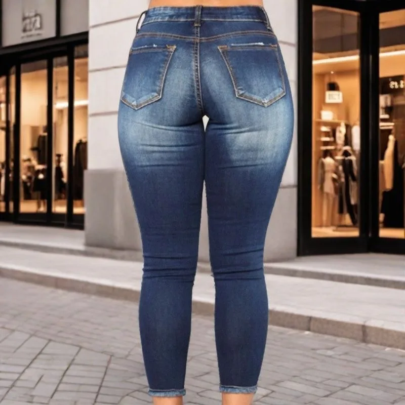 Europese en Amerikaanse nieuwe jeans dames gescheurde elastische hoge taille kleine voeten cropped grensoverschrijdende potlood slanke cropped broek