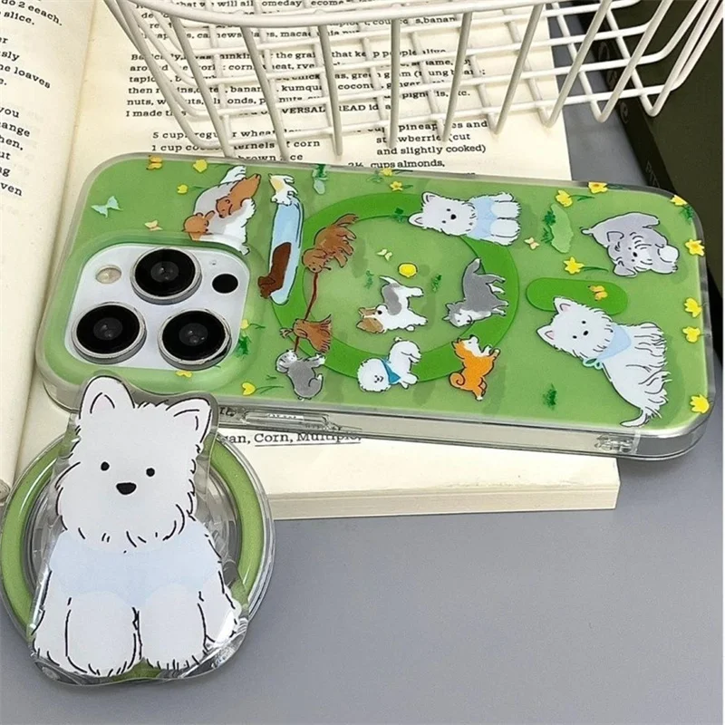 Coque de téléphone magnétique pour chien, motif vert, prairie, fleur jaune, avec support magnétique pour chien blanc, pour iPhone 11 12 13 14 15 16 pro max