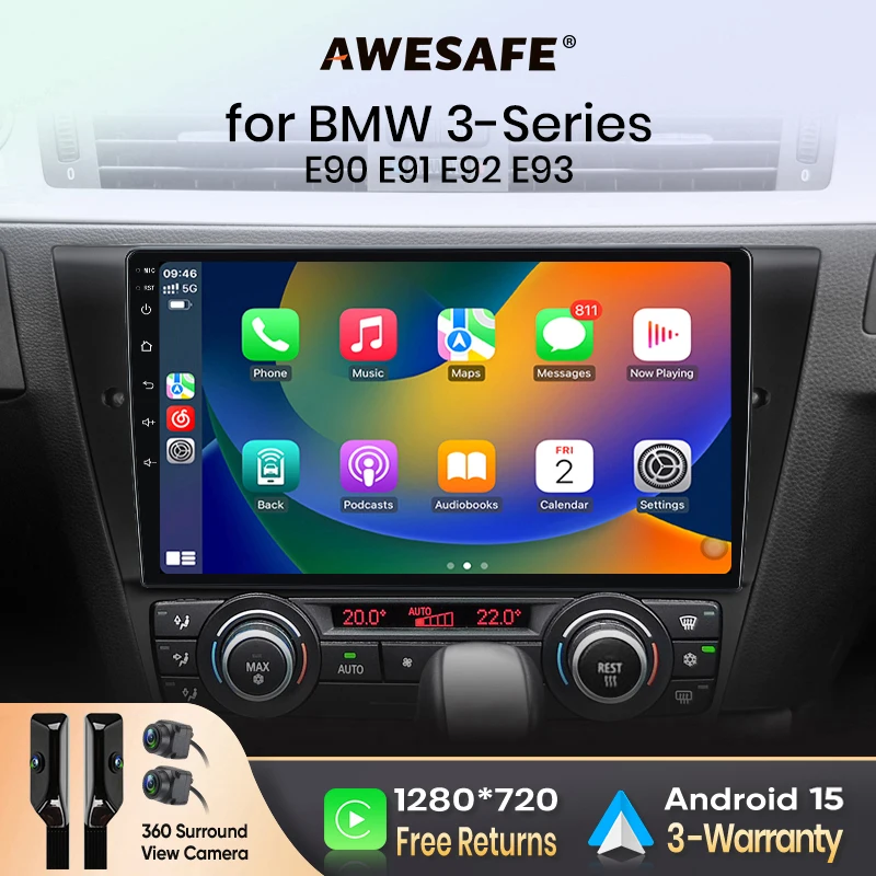 AWESAFE CarPlay inalámbrico Android Auto para BMW Serie 3 (E90/E91/E92/E93) 2005-2013, radio para coche, reproductor multimedia, estéreo, Wi-Fi, navegación GPS, 2 Din, autorradio, sistemas inteligentes para coche, 1280*720 IPS, unidad principal, FM, RDS, DSP, SWC, BT, Plug and Play, ISO 1