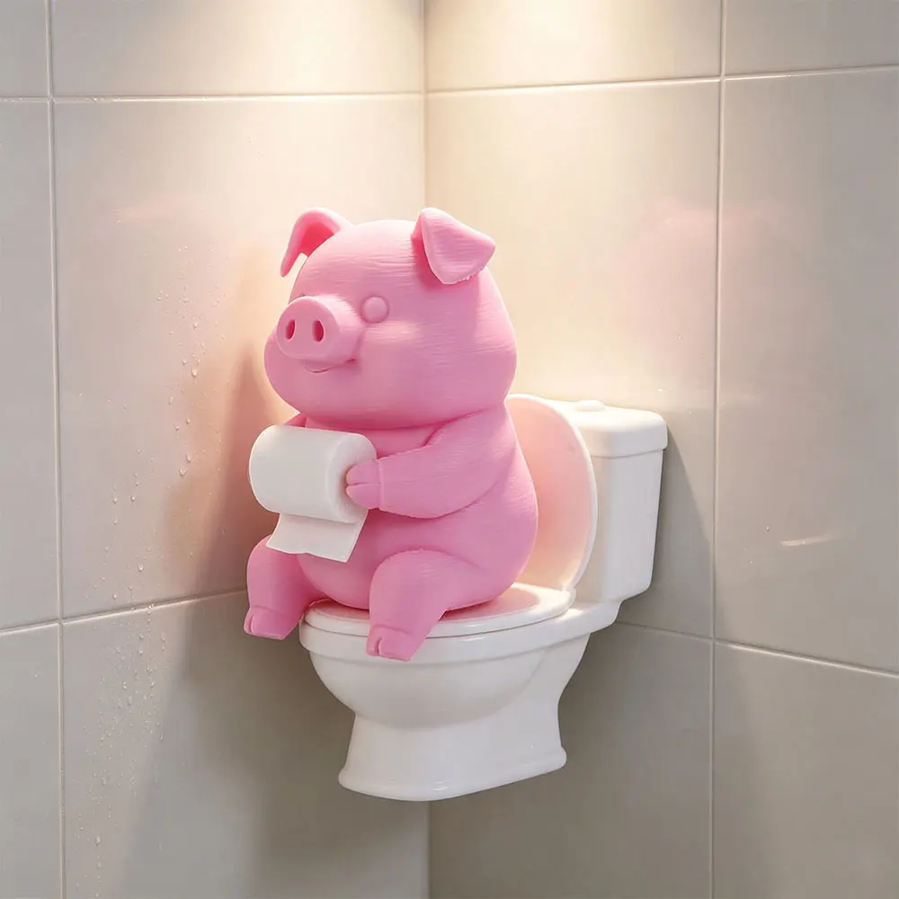Novelty 3D Printed Pig Figurine Plastic Cartoon Pig Sitting on Toilet Wall Mounted Pig Desktop Ornaments Car Decor