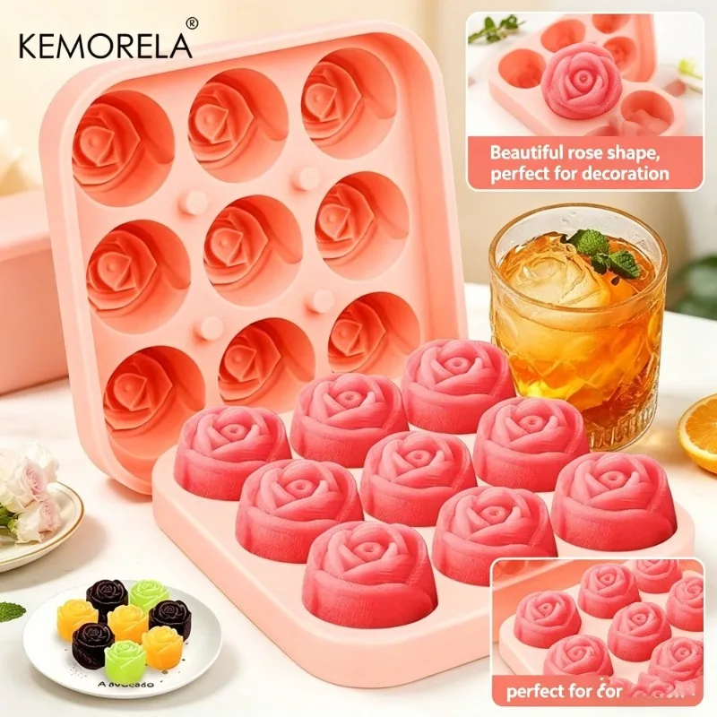 1PCS 3D Rose Ice Molds 9 Grids Cube Tray Mold Flower Shape Silicone Ice Mold Ball Maker Bar Ice Cube Silicone Rubber Maker Tool