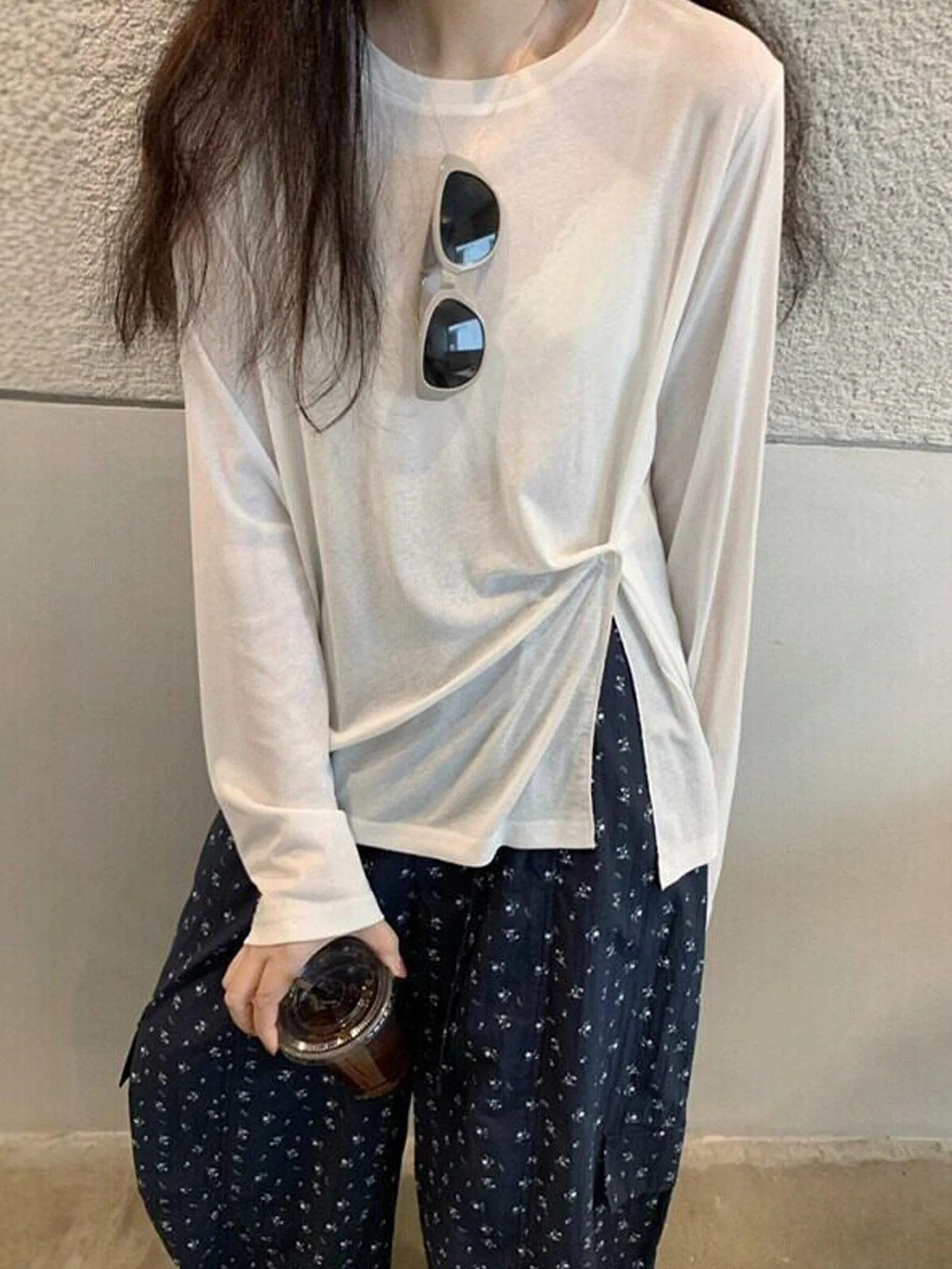 Summer Thin Long Sleeve White Mask T-Shirt Women's Regular Fit Korean Style Breathable Light Weight Sun Protection Shirt