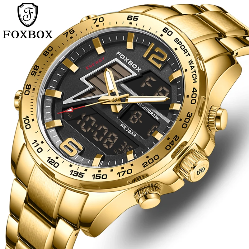 

Top 2024 FOXBOX luxury men's watch 30m waterproof sports military dual display watch quartz LED digital watch relogios masculino