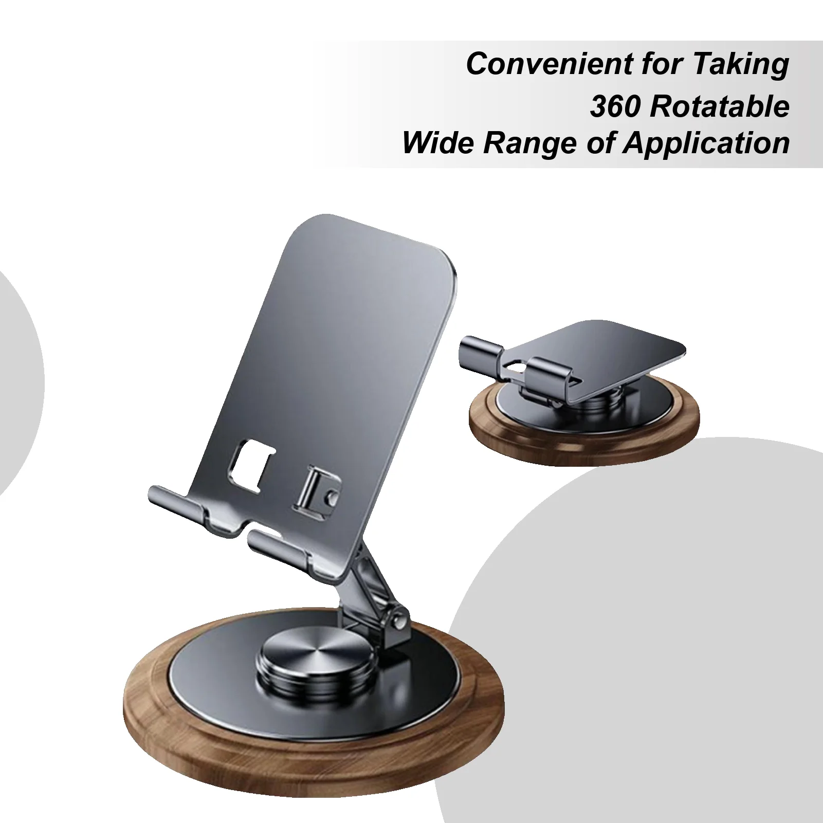 

360 Degree Rotating Metal Desk Mobile Phone Holder Stand Adjustable Desktop Tablet Holder Mount With Wooden Base