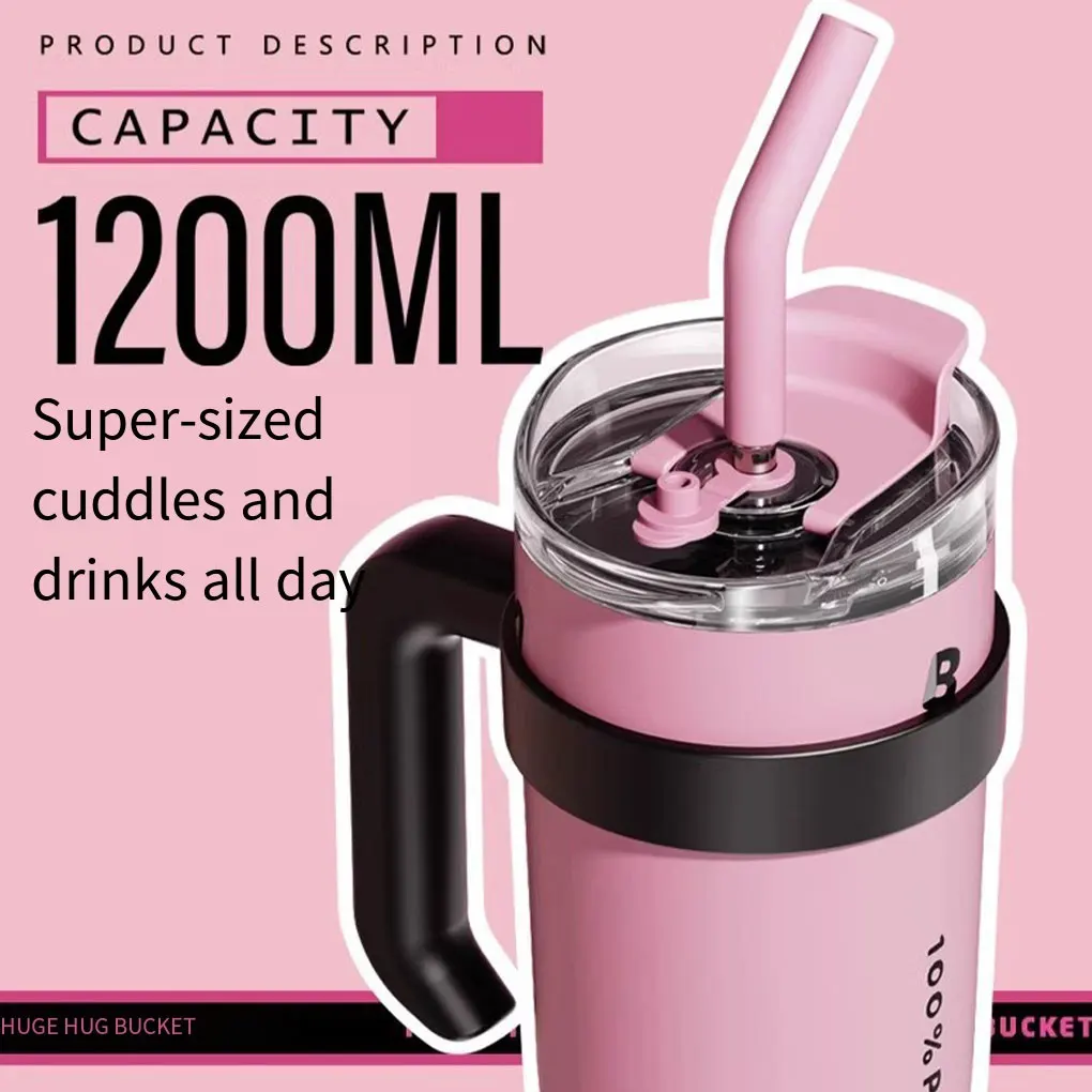 Kpop 1200ml Stainless Steel Belly Cup Black&Pink Thermal Straw Water Bottle Portable Coffee Drink Ware High Capacity Travel Mug