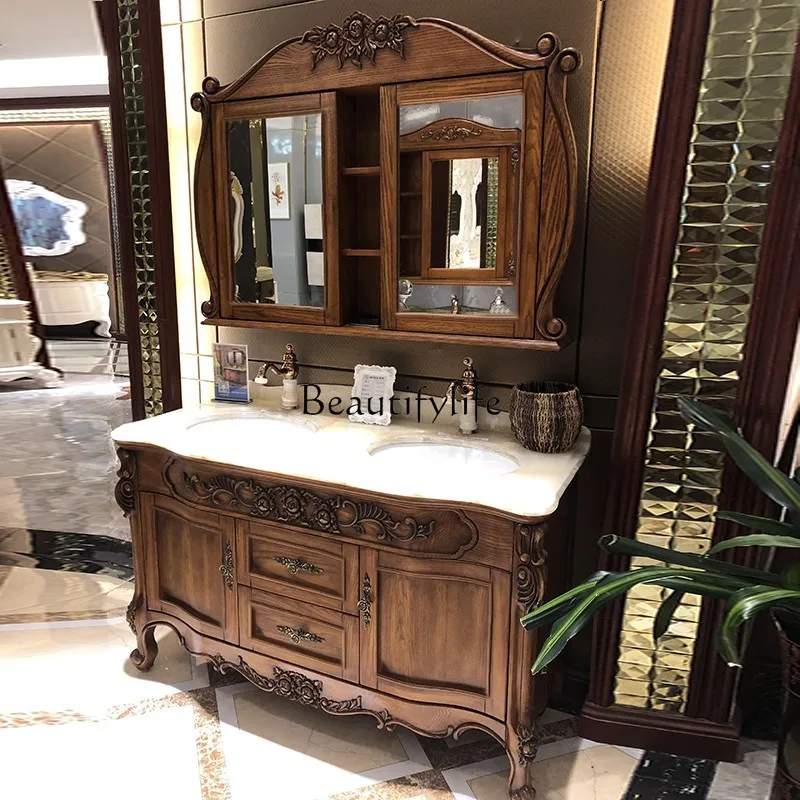 

European Bathroom Cabinet Double Basin Solid Wood Antique Wash Basin Combination Large Apartment Mirror Cabinet Washstand