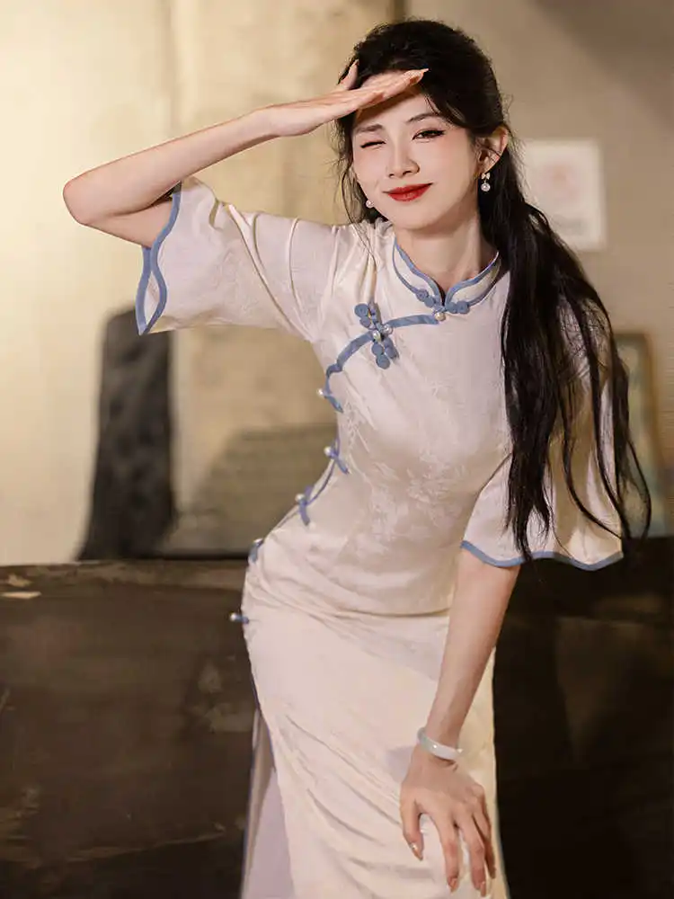 

Vintage Chinese Traditional Cheongsam Casual Party Women Qipao Dress Modern Stand Collar Short Sleeve Slim Girl's Long Dresses