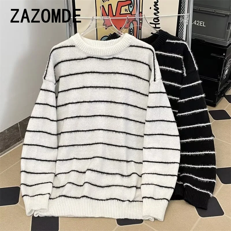 ZAZOMDE Harajuku Autumn Winter Striped Pullover Knitted Sweater Men\'s Loose Casual High Street Tops Sweaters Male Clothes 2024