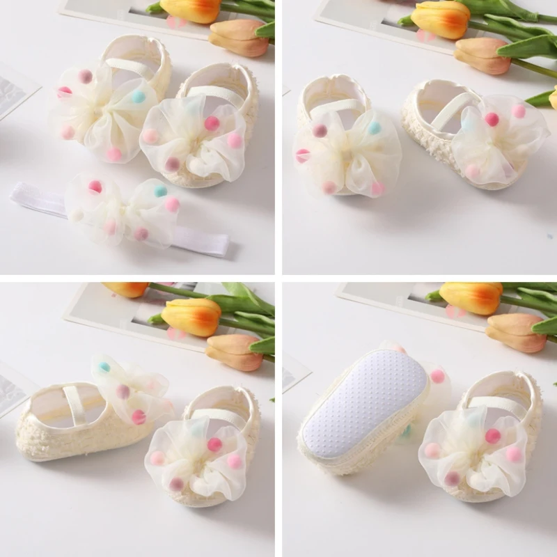 Infant Baby Girl Shoes Newborn Cute Bow Flowers Headband Anti-Slip Soft Sole First Walkers Toddler Cotton Baptism Shoes