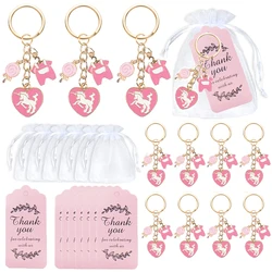 12 Sets Baby Shower Favors Pink Unicorn Keychains Organza Thank You Tags Christening Memories Girl Gifts Birthday Party Supplies