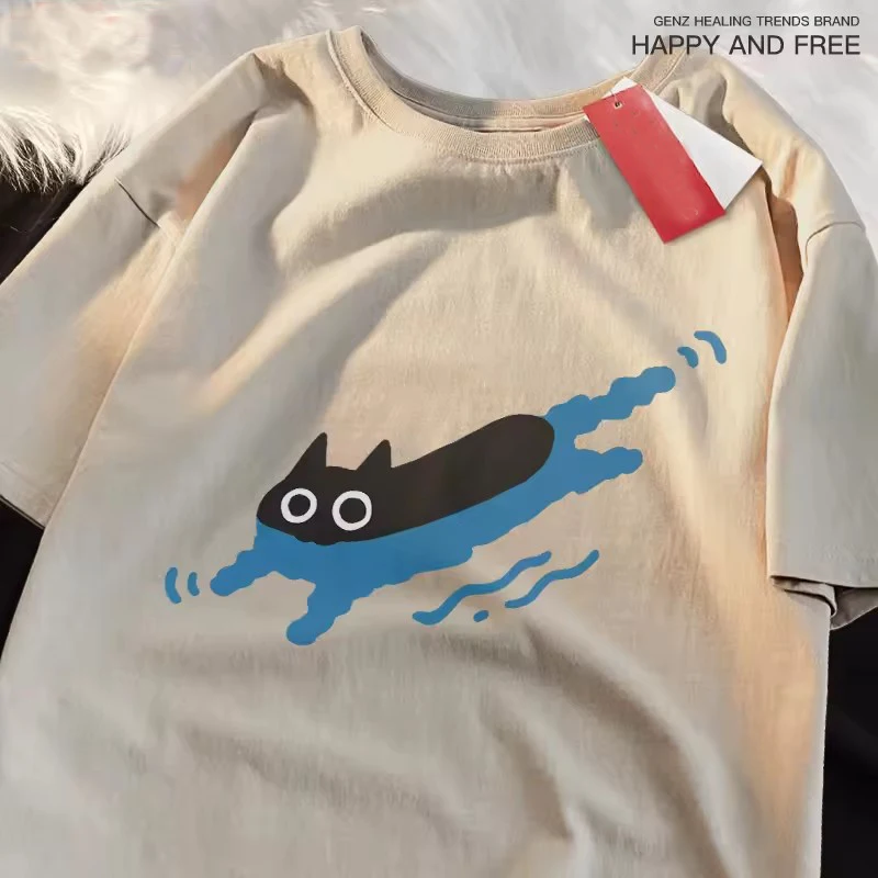 Couple Tees Swimming Black Cat Diving Shoulder Short Sleeved T-shirt For Men Women Breathable Casual Pure Cotton Loose Tops image 4