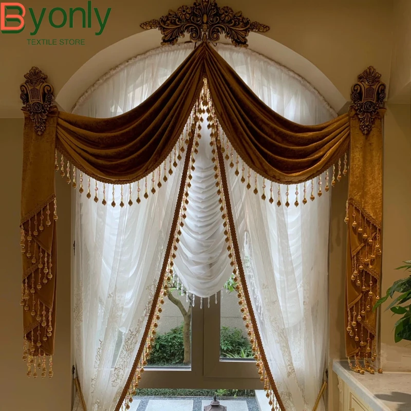 European Style Retro Villa Customized Brown Velvet Window Screen Curtains for Living Room Bedroom French Window Partition