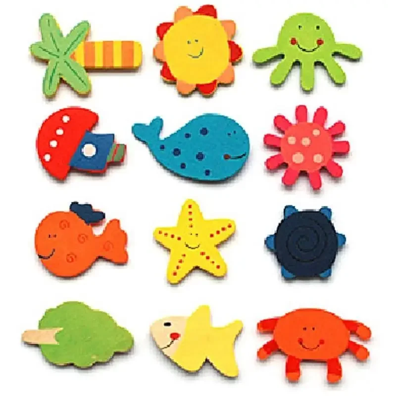 12Pcs Animals Wooden Fridge Magnet Sticker Cute Cartoon Pattern Funny Refrigerator Toy