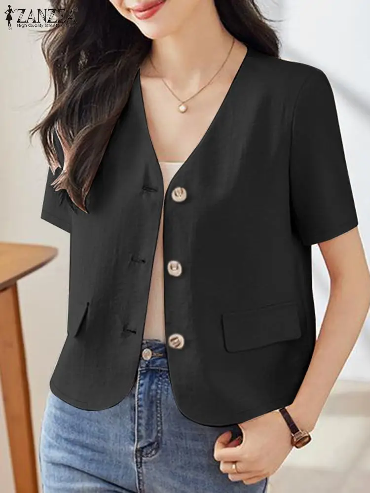 ZANZEA Elegant V Neck Shirt Tops Korean Fashion Solid Color Button Up Office Lady Blouses Women Short Sleeve Commute Overshirt