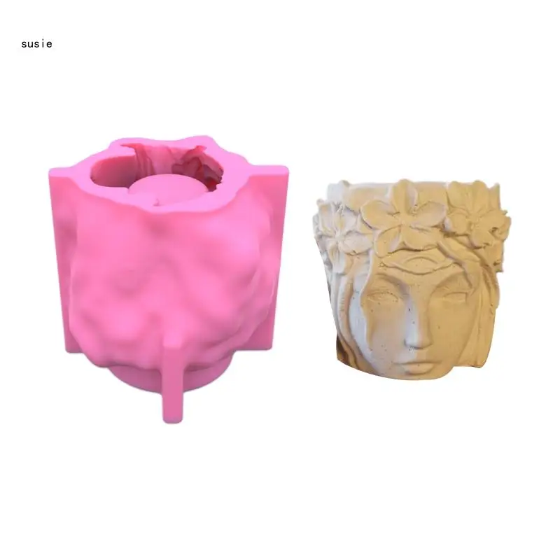 

X7YA Beautifull 3D Girl for Head Flowerpot UV Epoxy Mold Succulents Vase Planter Concrete Plaster Resin Silicone Mould DIY