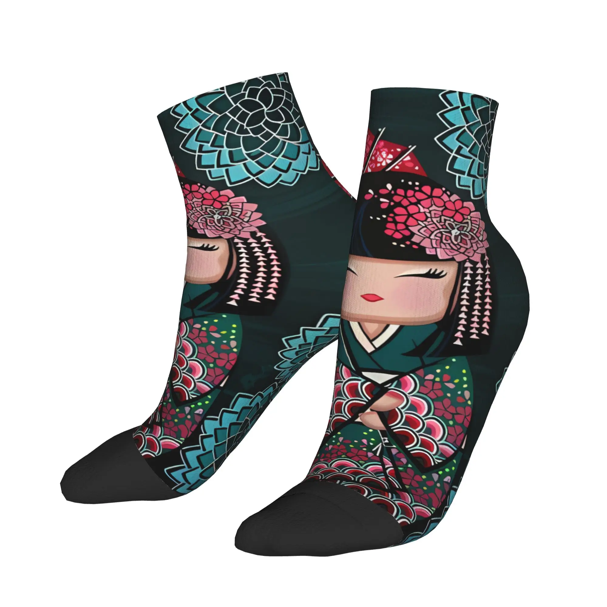 

Kokeshi Doll Red Fan Floral Kimono Socks Autumn Ankle Socks Fashion Unisex Men Quality Socks Running Sports Anti-Slip Socks