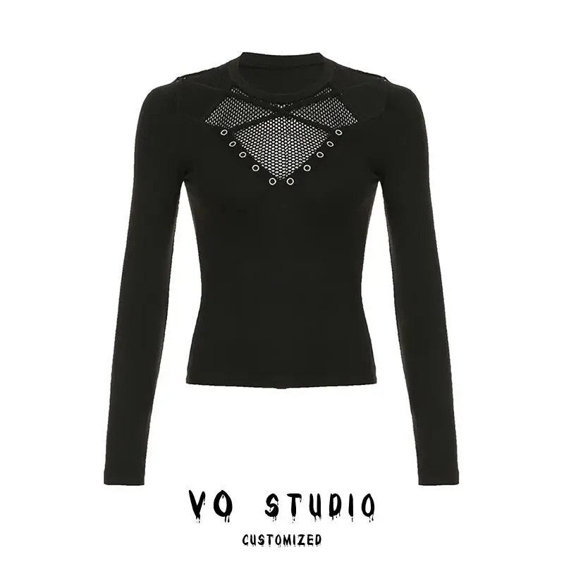 

Women Black Gothic T-shirt Harajuku Y2k Tees Top Vintage Aesthetic Long Sleeve Asymmetrical T-shirts 2000s Emo Oversize Clothes