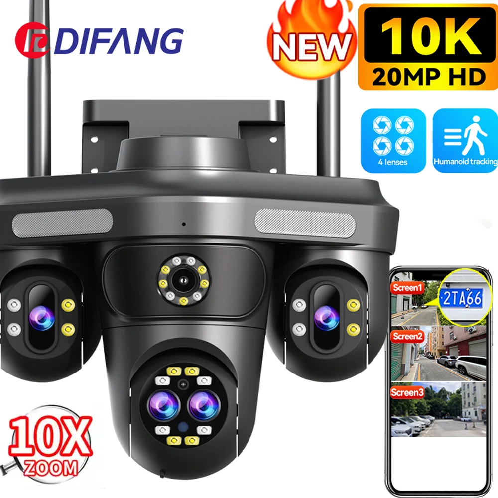 20MP 10K CCTV IP Camera Three Screen PTZ 10X Zoom WiFi Security Camera Ai Tracking Video Camera Security Protection Surveillance