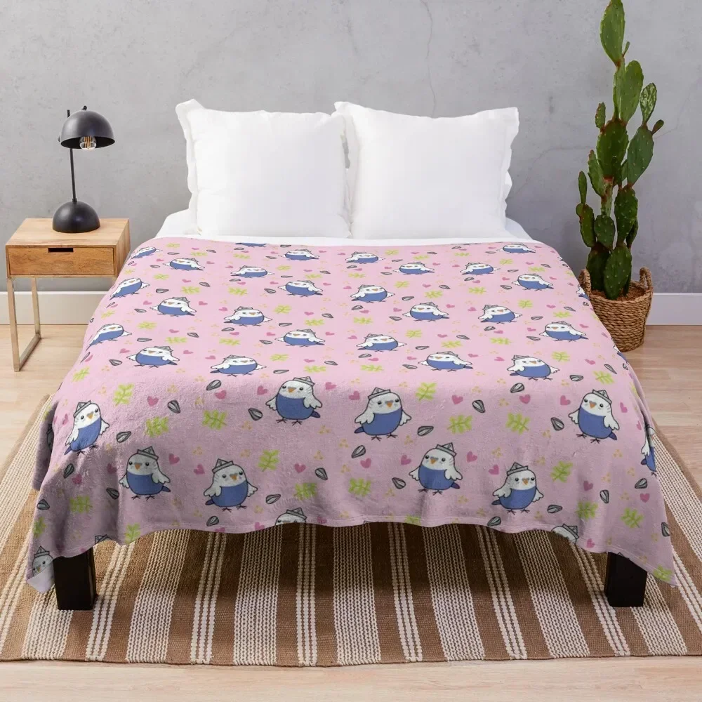 Cute Blue Budgie - Pink Throw Blanket sofa bed Furry Blankets