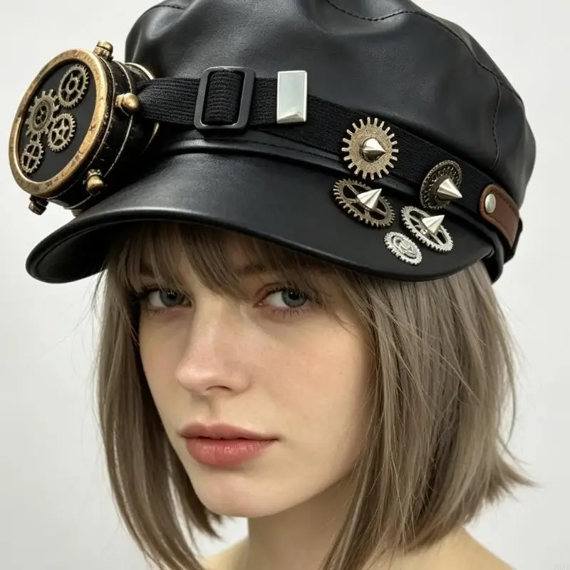 Black Gothic Cabbie Cap Cosplay Headwear with Gear Accent and Goggle, Costume Props Newsboys Cap for Theme Parties, Halloween