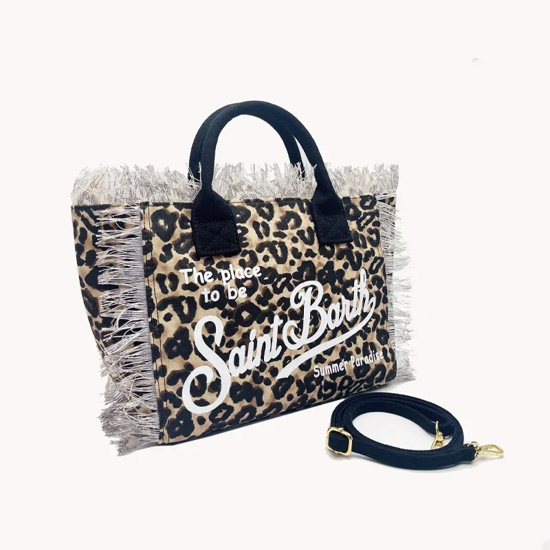 SAINT BARTH New Women\'s Large Capacity Leisure Travel Leopard Pattern Small Canvas Handmade Tassel Handbag Tote Bag Mommy Bag