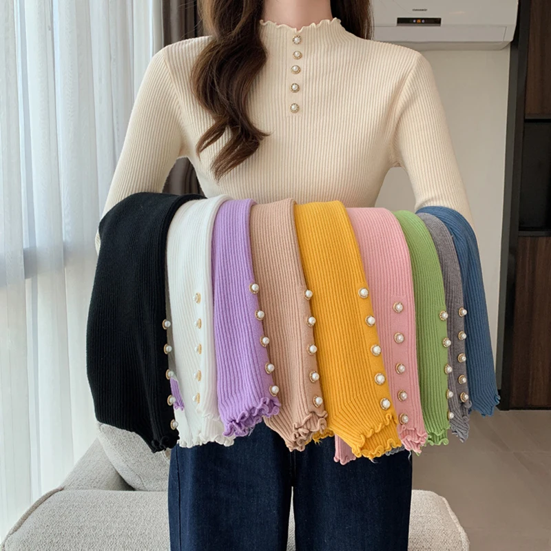 Sweaters Women Spring Autumn Thin-decorated Button Laffle Half-pole Reiner Long-sleeved Knit Top KN1703