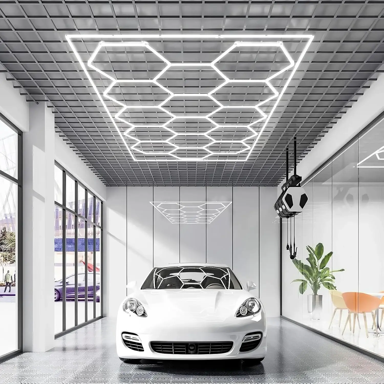 Hexagon Garage Lights, 66300LM, 6500K 15 Grid Systems Honeycomb Hexagonal Garage LED Lights, DIY Cool White Car Detailing Ceilin