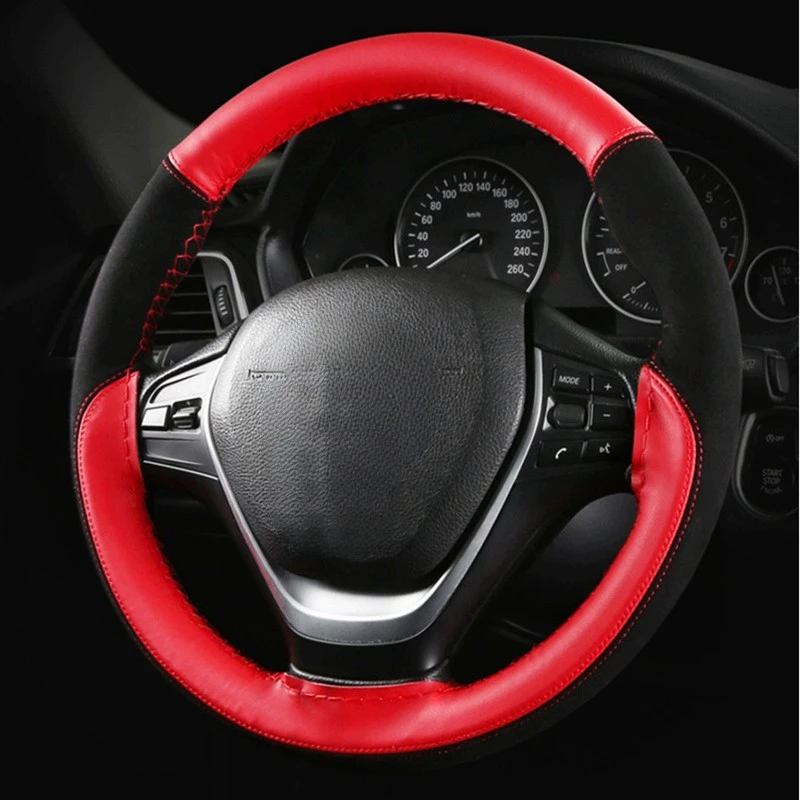 GNUPME Suede Leather Car Steering Wheel Covers Universal Anti-slip braid on the steering-wheel Protector Stitching color