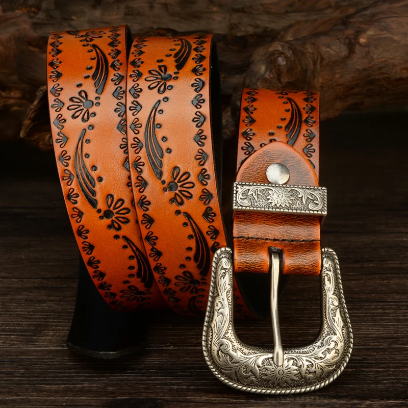 3.8CM Vintage Pin Buckle with Flower Grass Pattern Genuine Leather Belt for Men High Quality Work of Art Strap High Quality